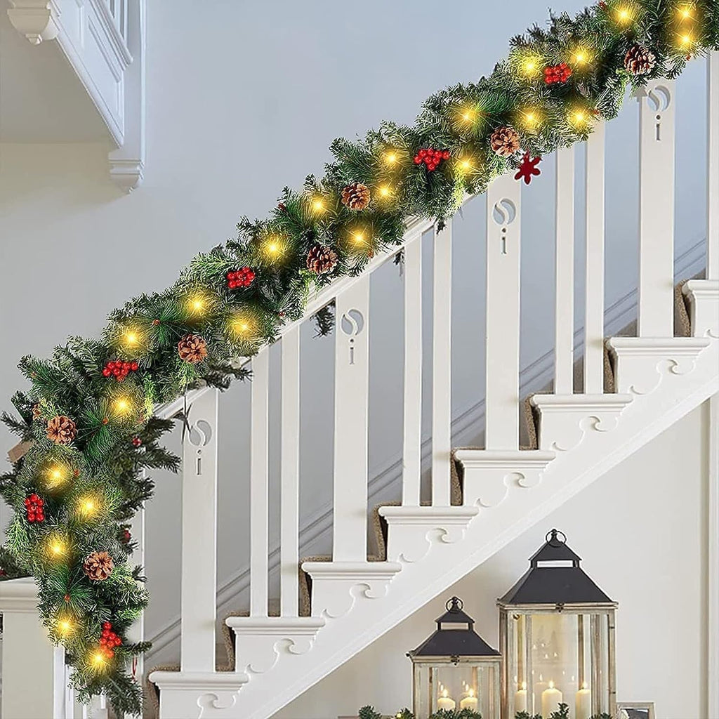 9Ft Christmas Garland Snow Flocked with Lights Pinecones Berries Wreath Bushy