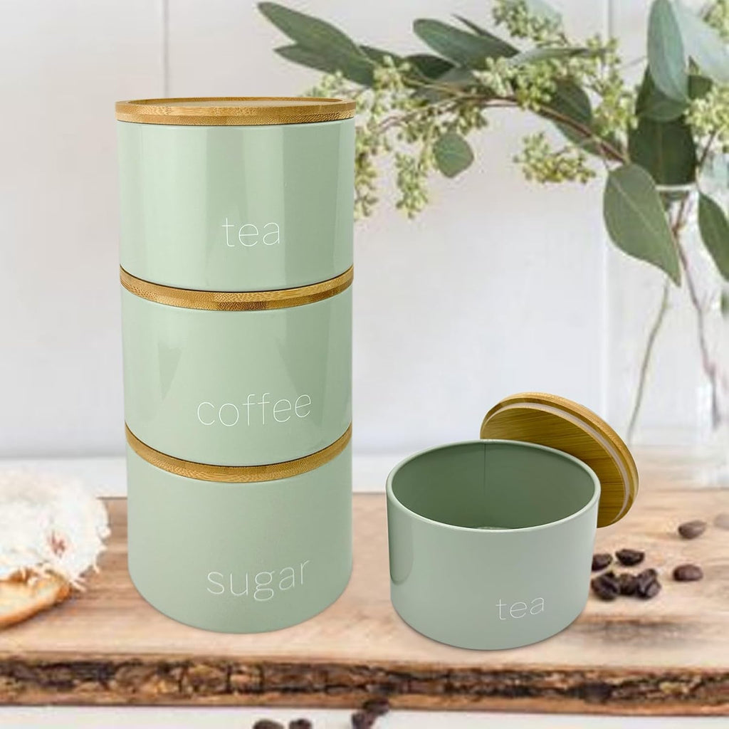 3 Pieces Jar with Wooden Lid Tea Coffee Sugar Canister Storage Container Bowl Pots Kitchen Storage Tins (Sage)