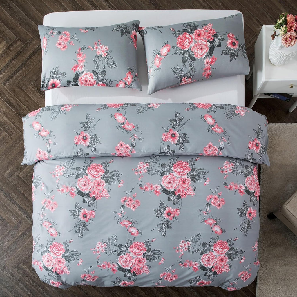 King Size Duvet Cover Sets Soft Printed Luxury Bedding Set Brushed Microfiber Duvet Covers with Pillowcases (Grey Bouquet 230X220 CM)