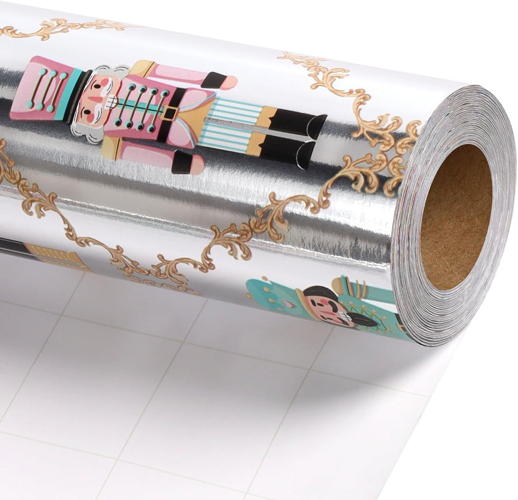 Christmas Foil Wrapping Paper - Mini Roll, Pink Nutcracker Gift Wrap for Christmas, Holiday, Xmas Party Celebration, 43Cm X 10M