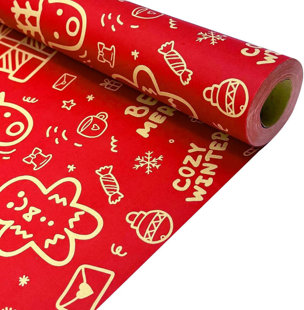 Red Christmas Wrapping Paper Roll, 43Cm *15M Recyclable Kraft Gift Wrapping Paper for Xmas Party Gifts, Birthday, Eco-Friendly Present Decorations