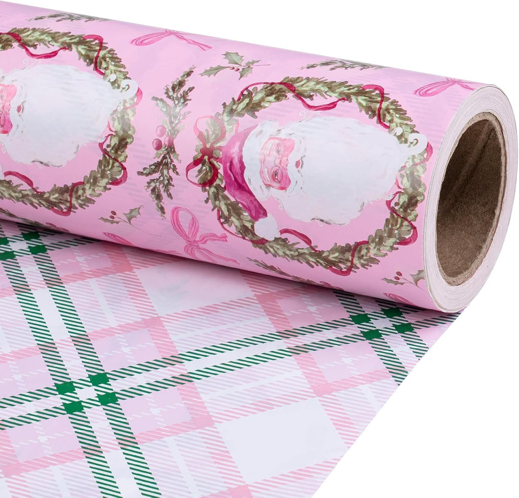 Christmas Reversible Wrapping Paper Roll for Girls, Mini Roll, Pink Santa Claus, Floral Wreath, Bow Design, Green Pink Plaid Gift Wrap Paper Perfect for Gifts, 43.2Cm X 10M