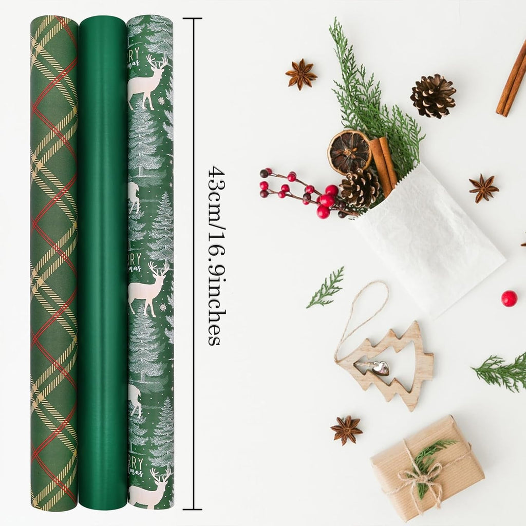 3 Rolls 43Cm * 3M Christmas Wrapping Paper, Xmas Wrapping Paper Rolls,  Recyclable Wrapping Paper Green for Festival Xmas Decoration