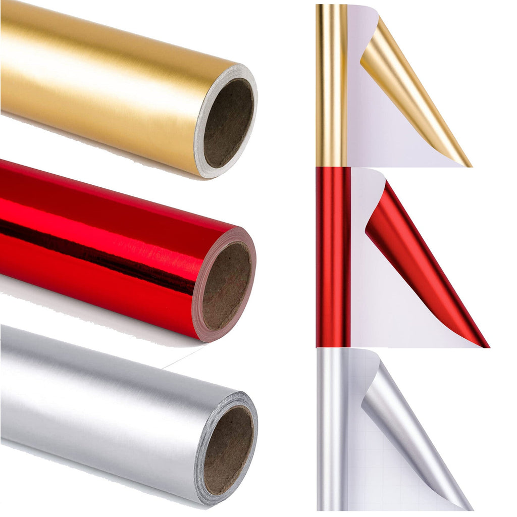 Christmas Plain Metallic Foil Gift Wrapping Paper Roll Silver Red Gold 3 X 1.5M