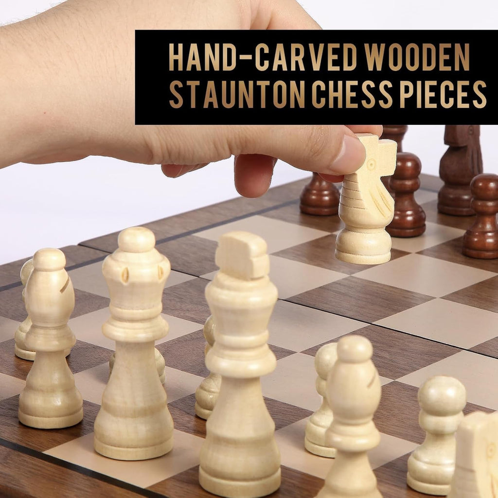 Chess Set, 15'' Magnetic Wooden Chess Board, Travel Chess Set for Adults & Kids, 2-In-1 Chess and Checkers Board Game