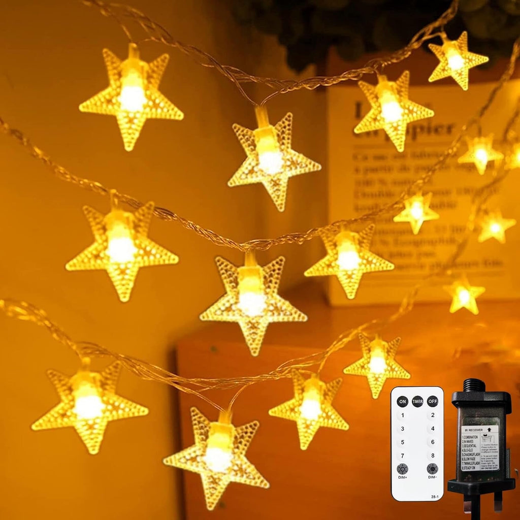 Plug in LED String Lights, Mains Powered 100 LED Star Christmas Lights with Remo