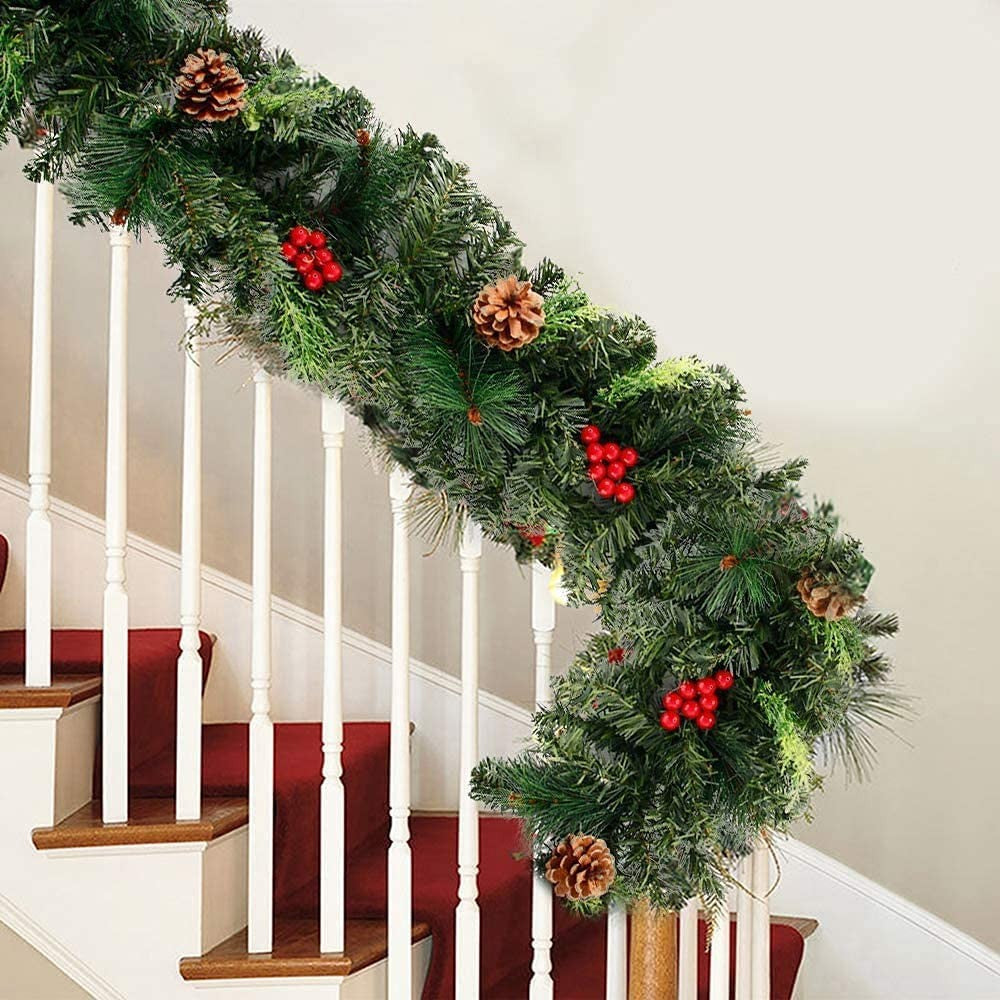 9Ft Christmas Garland Snow Flocked with Lights Pinecones Berries Wreath Bushy