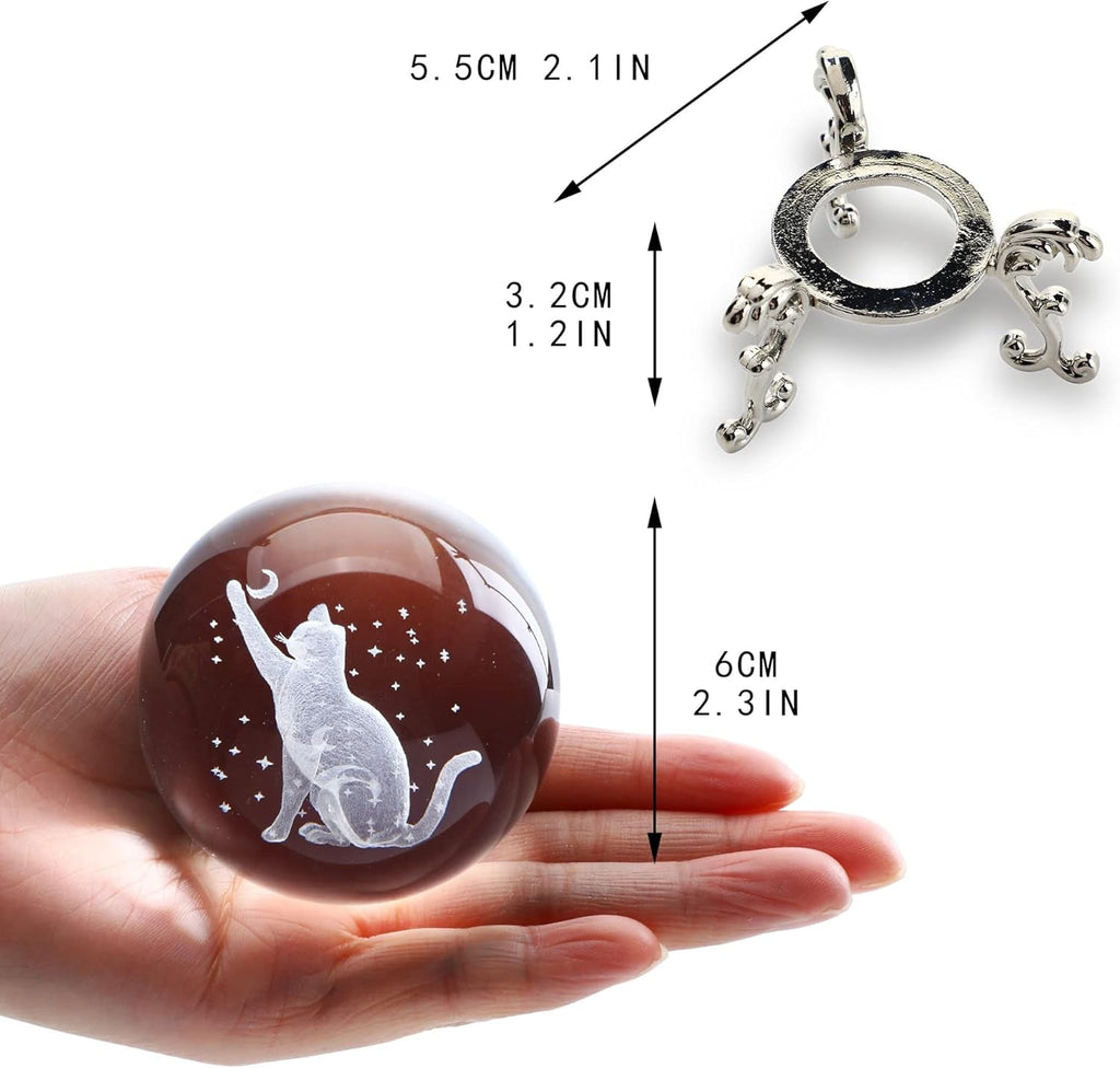 60Mm 3D Cat Crystal Ball Figurine Glass Laser Engraved Cat Moon Star Crystal Ball with Stand Glass Sphere Paperweights Cat Gifts for Cat Lovers Women