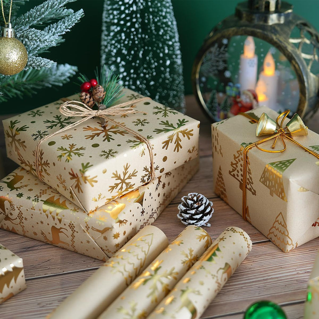 Christmas Wrapping Paper Rolls, Metallic Gold Foil - Brown Kraft Xmas Wrapping Paper Rolls, Gift Wrapping Paper for Women Men, Wrapping Paper for Christmas New Year Winter, 3 Rolls, 43Cm X 3M per Roll