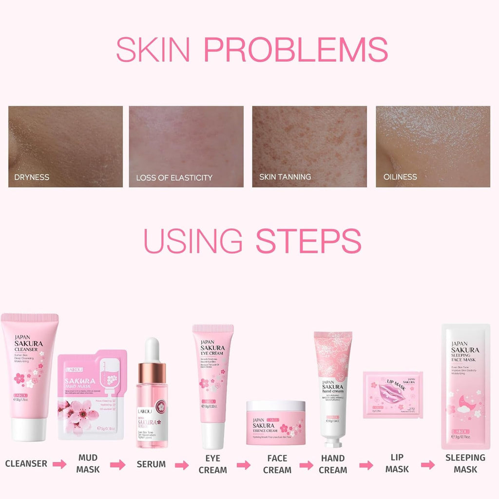 Sakura Skin Care Sets & Kits, Girls Pamper Set, Face Care Sets for Women, 20PCS Teenage Girls Gifts - Cleanser, Serum, Eye Cream, Face Cream, Hand Cream, Sleeping Mask, Mud Mask - Japanese Skincare