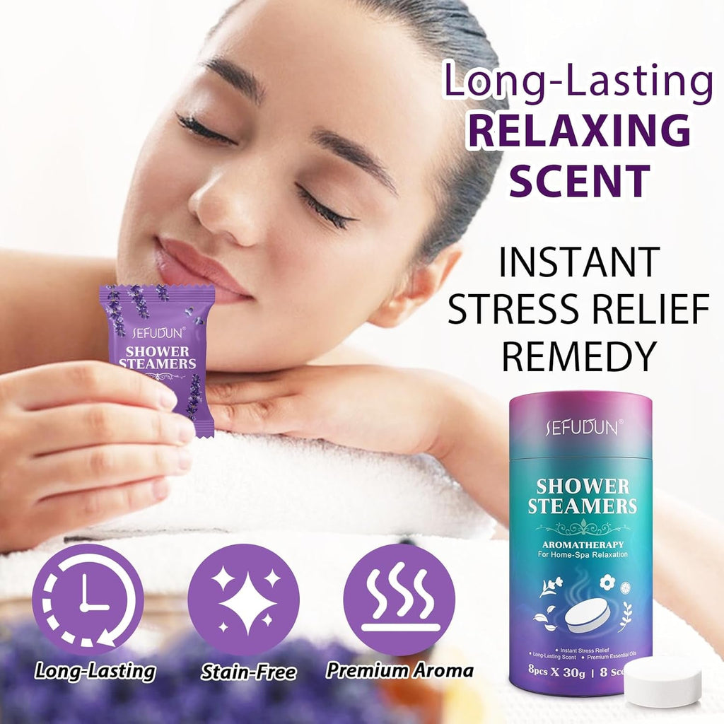 Shower Steamers Aromatherapy for Women and Men 8 Pack, 8 Scents Shower Bombs with Natural Essential Oils for Home Spa Self Care, Stress Relief and Relaxation, Nasal Relief, Birthday Gifts