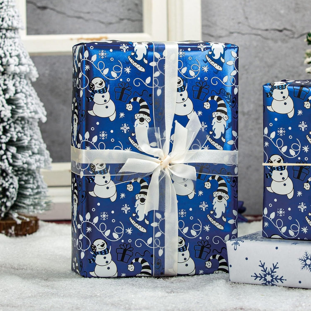 Christmas Wrapping Paper - Mini Roll - Funny Snowman and Snowflake Pattern Blue Reversible Gift Wrap for Winter Holiday Festive Celebration - 43Cm X 10M
