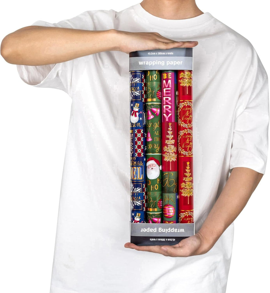 Christmas Wrapping Paper - Santa Claus, Snowman, Christmas Tree and Bell Design - 4 Rolls - 43.5X305 Cm per Roll