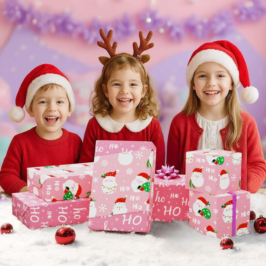 Christmas Wrapping Papers - 1 Roll 43Cm X 10M Santa Claus Gift Wrapping Paper Reversible Christmas Wraps Paper for Boys Girls HOHO Design Pink Gift Wrap for Winter Holiday Present Decoration