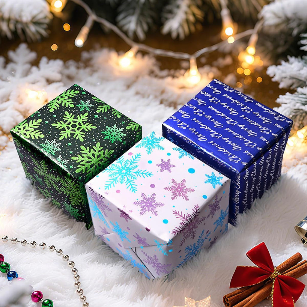 3 Rolls Gift Wrapping Paper for Christmas, 43Cm*3M Shine Wrapping Paper Print with Snowflake and “Merry Christmas”For Xmas, Birthday, Festival Party Gift Decoration