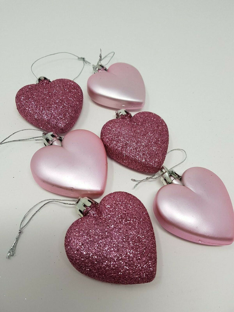 6 Blush Dusty Pink Heart Bauble Christmas Ornament Hanging Tree Decorations