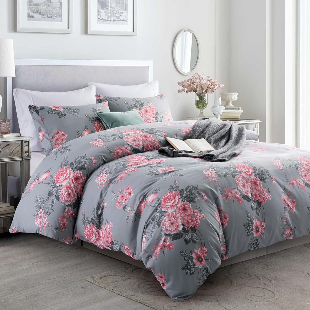King Size Duvet Cover Sets Soft Printed Luxury Bedding Set Brushed Microfiber Duvet Covers with Pillowcases (Grey Bouquet 230X220 CM)