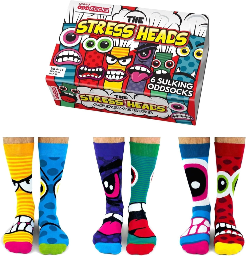 the Stress Heads Gift Box – 6 Sulking Odd Socks for Men – UK 6–11, EUR 39–46, US 7–12 – Funny Monster-Themed Mix & Match Socks – Colourful Gift for Birthdays, Father’S Day & Christmas
