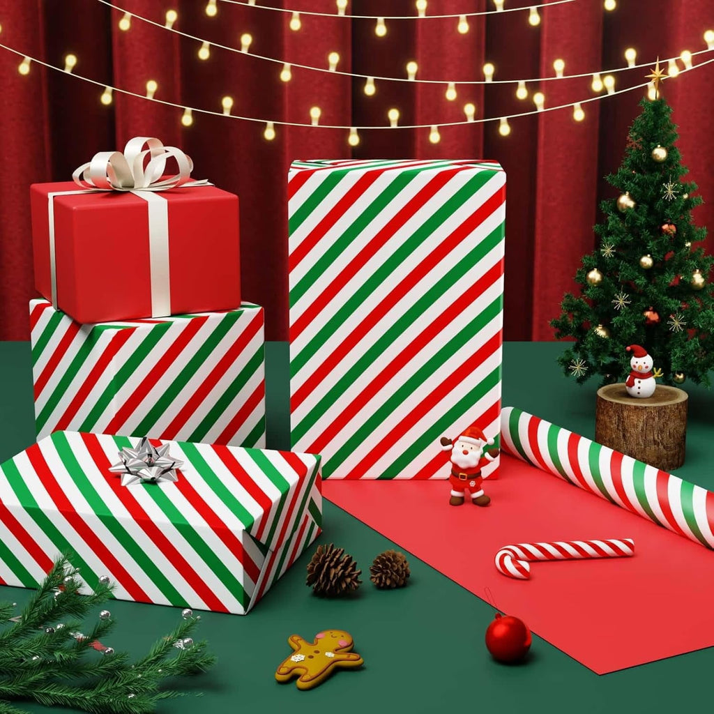 Reversible Christmas Wrapping Paper Roll - 1 Roll 43Cm X 10M Red Christmas Wrapping Paper with Green and Red Stripes Design for Kids Boys Holiday Birthday Gift Packing Decorations