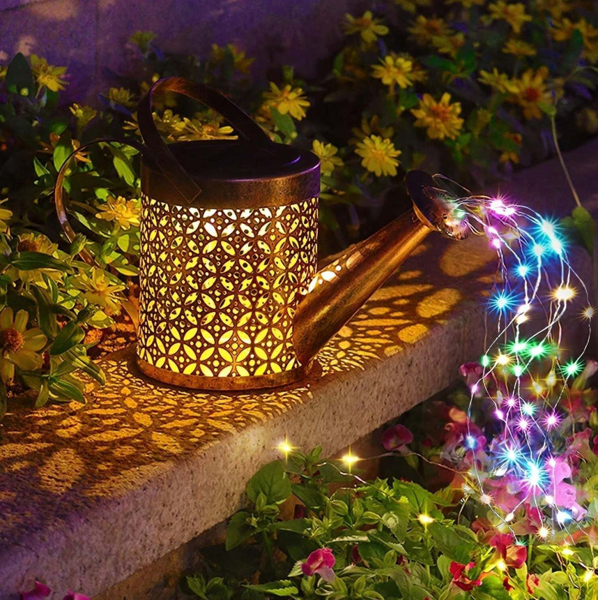 Solar Power LED String Light Watering Can Hollow Outdoor Garden Lamp Decor Xmas