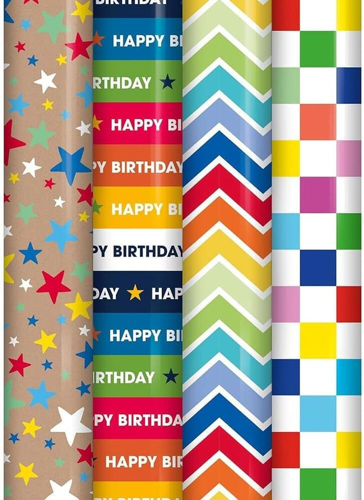Pack of 4 X 3M Happy Birthday Gift Wrapping Paper Roll - Assorted Designs