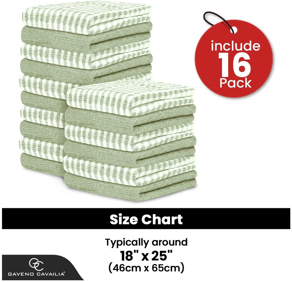 Large Tea Towels Pack of 16 | 46 X 65 Cm Sage Green Check Tea Towels Bar Kitchen Towels Set | Absorbent Chef Tea Towel Dish Cloths for Washing & Cleaning | 35% Polyester, 65% Cotton Dish Towels