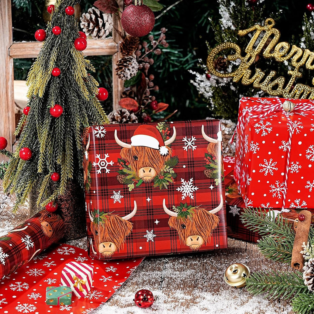 Reversible Cow Christmas Wrapping Paper - Mini Roll - 43.2Cm X 10M - Highland Cow and Snowflake Wrapping Paper for Xmas, Party Celebration