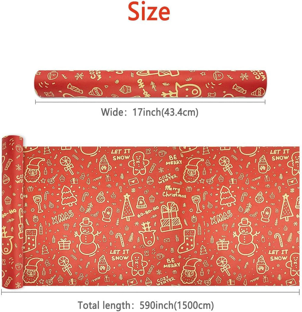 Red Christmas Wrapping Paper Roll, 43Cm *15M Recyclable Kraft Gift Wrapping Paper for Xmas Party Gifts, Birthday, Eco-Friendly Present Decorations