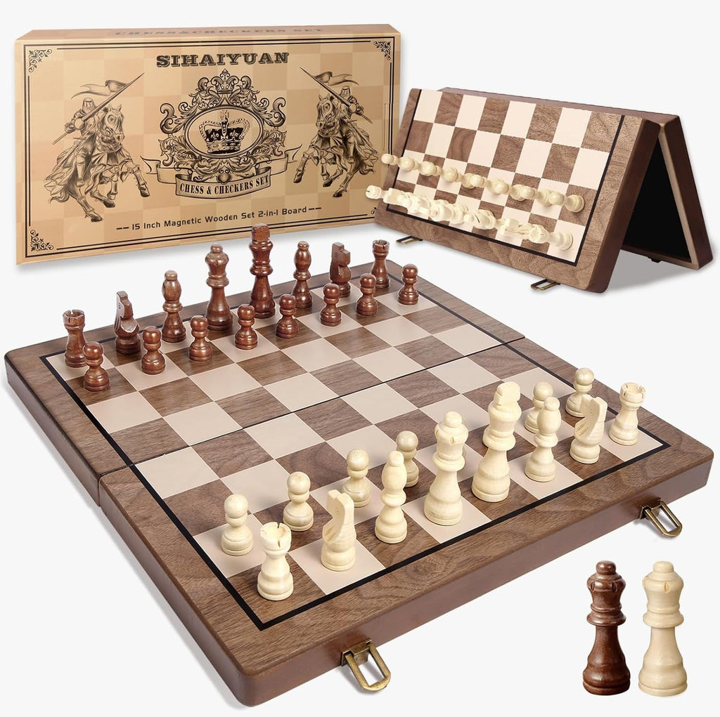 Chess Set, 15'' Magnetic Wooden Chess Board, Travel Chess Set for Adults & Kids, 2-In-1 Chess and Checkers Board Game