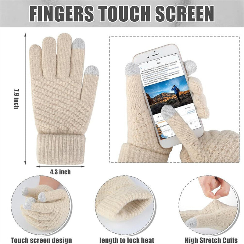 Womens Girls Thick Knit Hat Scarf and Touchscreen Gloves Set Knitted Winter Gift