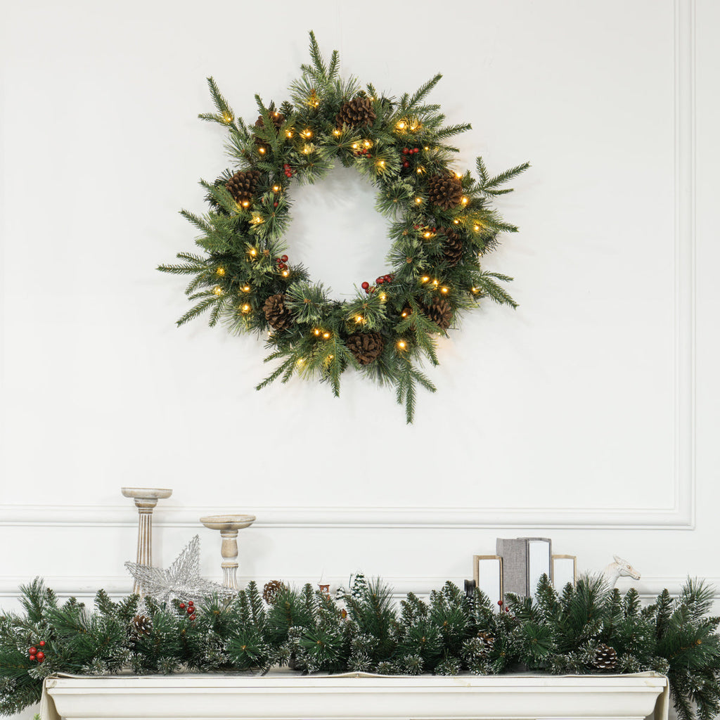 HOMCOM 60Cm Christmas Wreath with LED Lights Pine Cones Red Berries Green