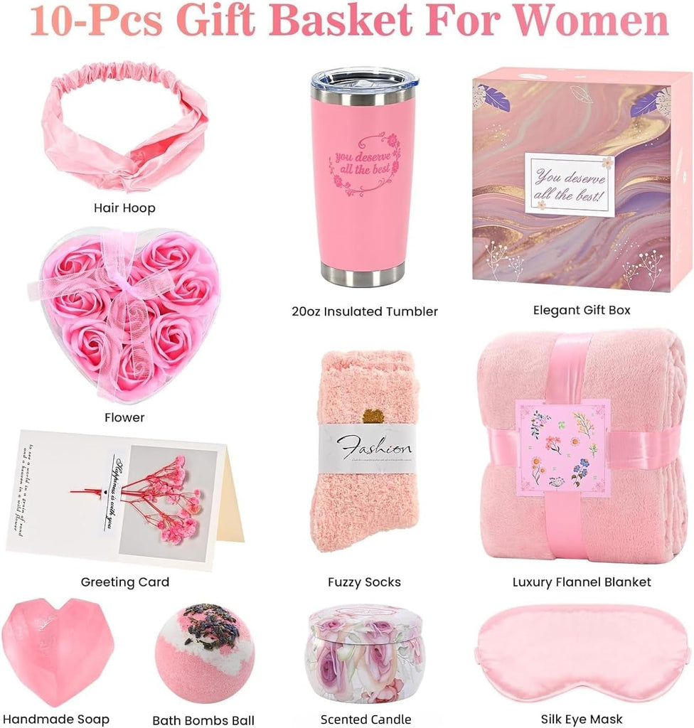 Luxury 10-Piece Gift Basket, High-End Spa Set, Birthday Gifts, Mother'S Day/Christmas/Valentine'S Day/Anniversary Gifts Exclusively for Women, Including Blankets, Tumbler, and Scented Candles.