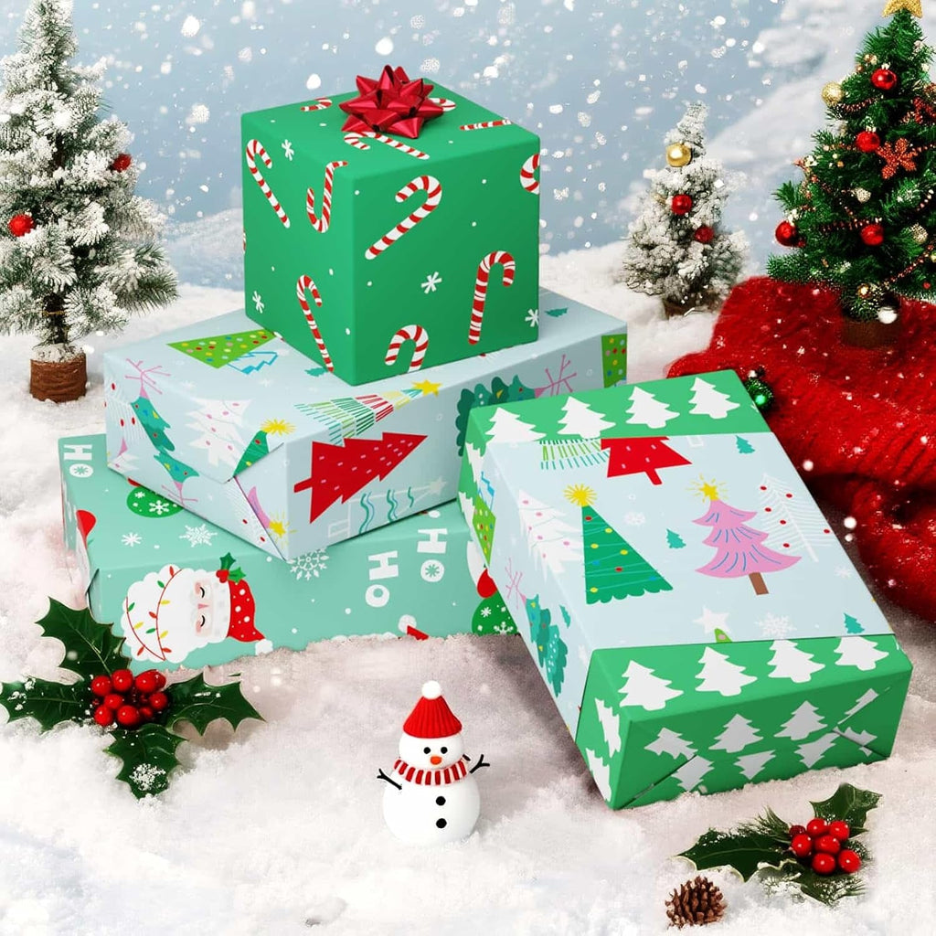 Reversible Christmas Wrapping Paper - 3 Rolls 17”X 120”Santa Wrapping Paper Rolls Classic Santa Winter Tree Candy Canes Gift Wrap Papers for Girls Boys Xmas Holiday Polka Dot Stripes Design