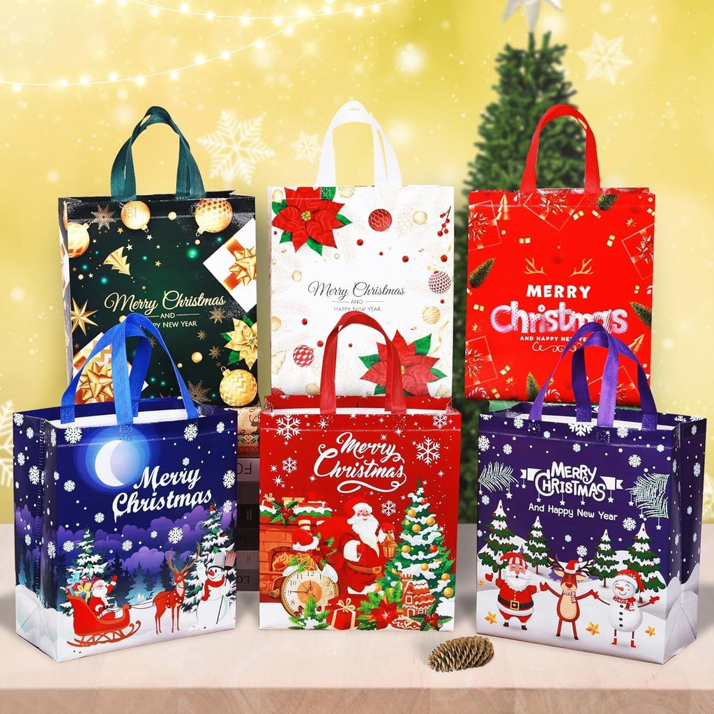 6 Pack Christmas Tote Bag, Extra Large Reusable Grocery Bag with Handle, Present