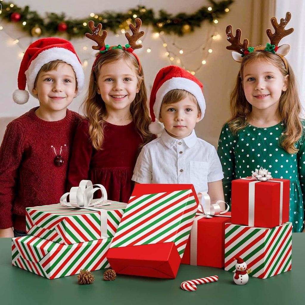 Reversible Christmas Wrapping Paper Roll - 1 Roll 43Cm X 10M Red Christmas Wrapping Paper with Green and Red Stripes Design for Kids Boys Holiday Birthday Gift Packing Decorations