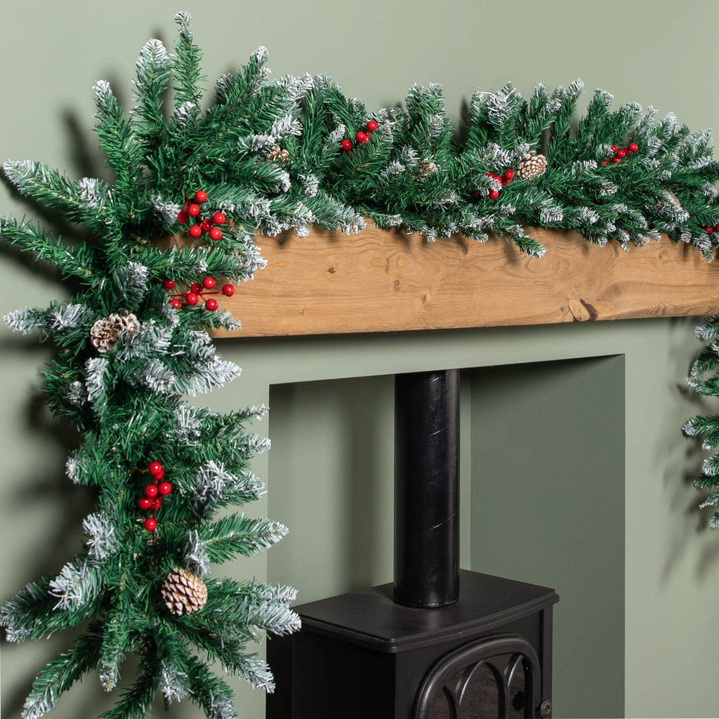 9Ft Christmas Garland Snow Flocked with Lights Pinecones Berries Wreath Bushy