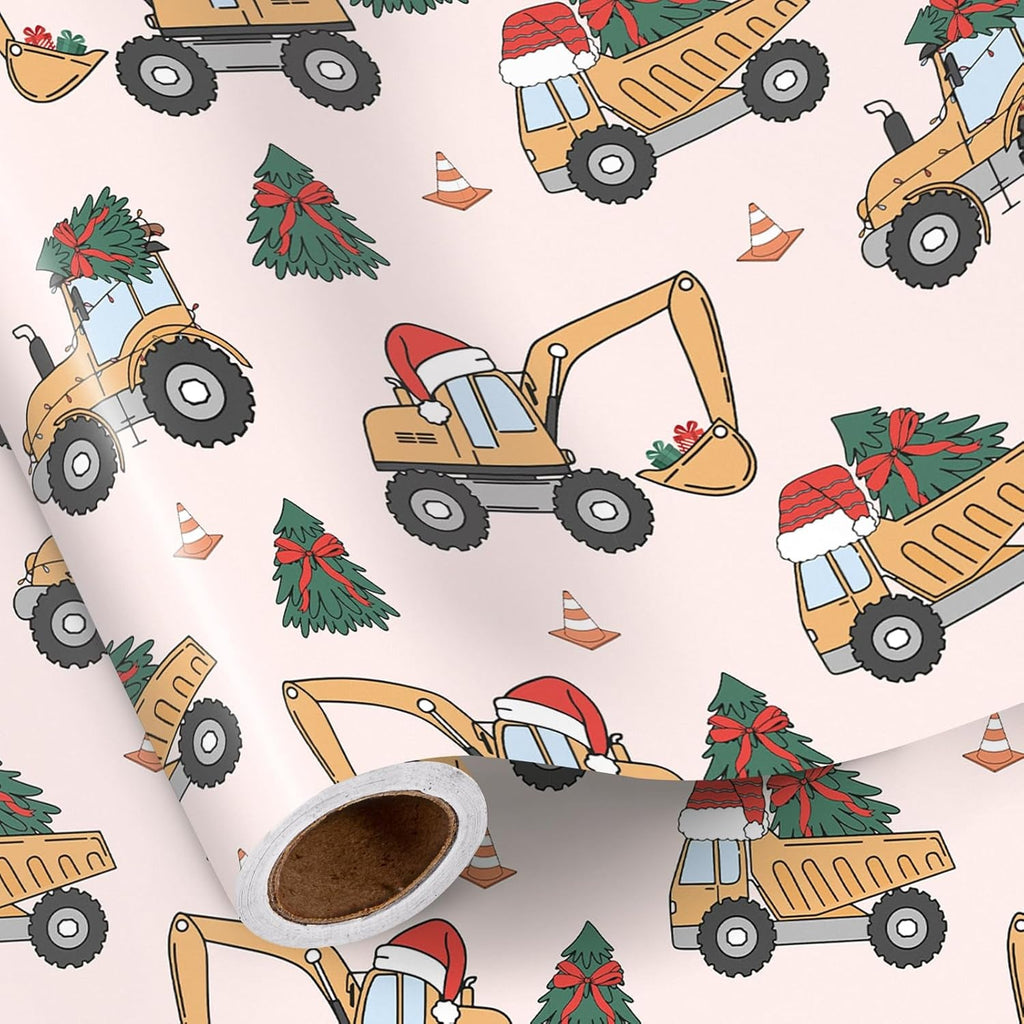 Christmas Car Wrapping Paper Roll for Boys, Mini Roll, Cute Construction Trucks with Santa Hat, Christmas Tree and Gifts Design Gift Wrap for Kids Party, 43.2Cm X 5M