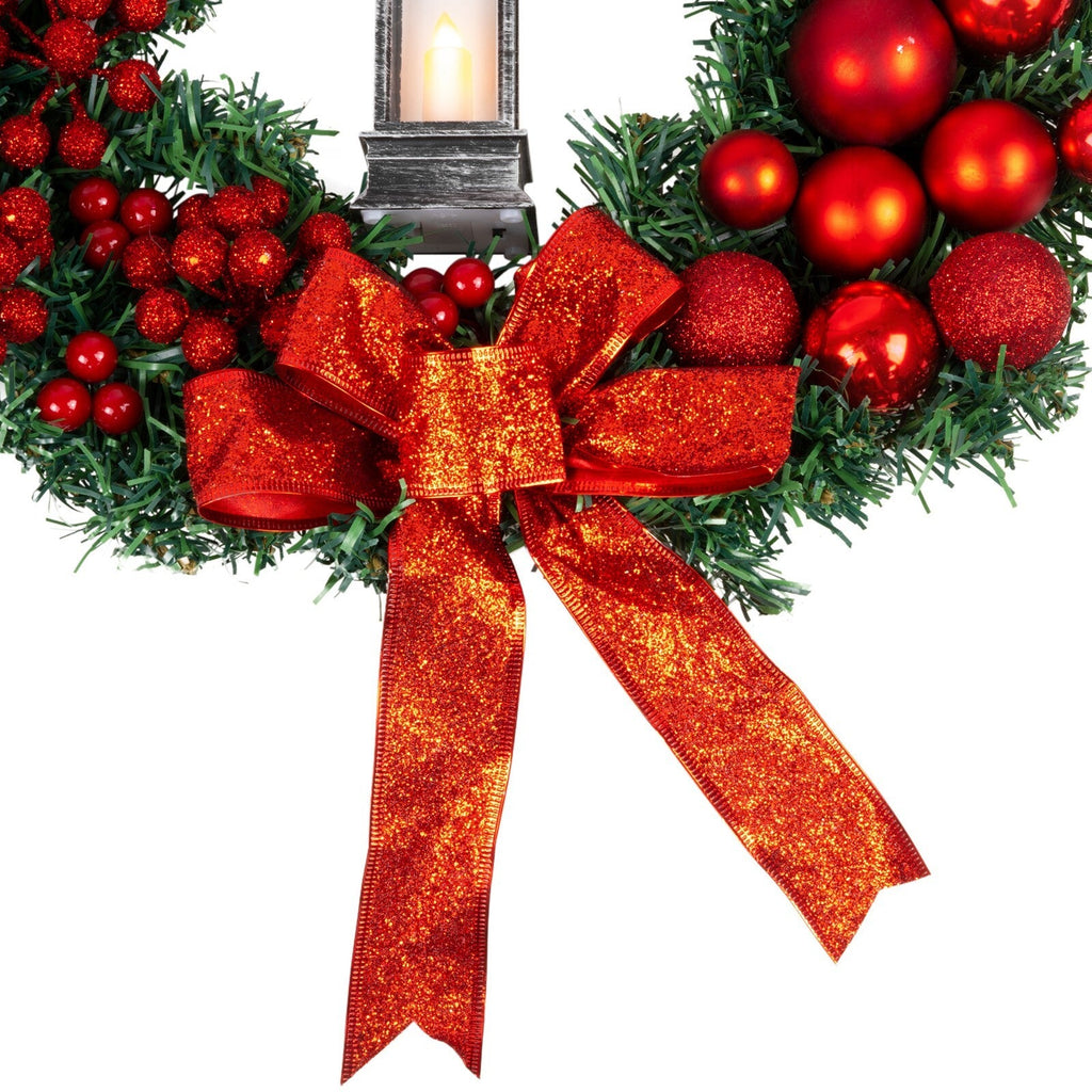 Artificial LED Christmas Wreath Pine Green Decorative Hanging Xmas Door 40Cm Bow