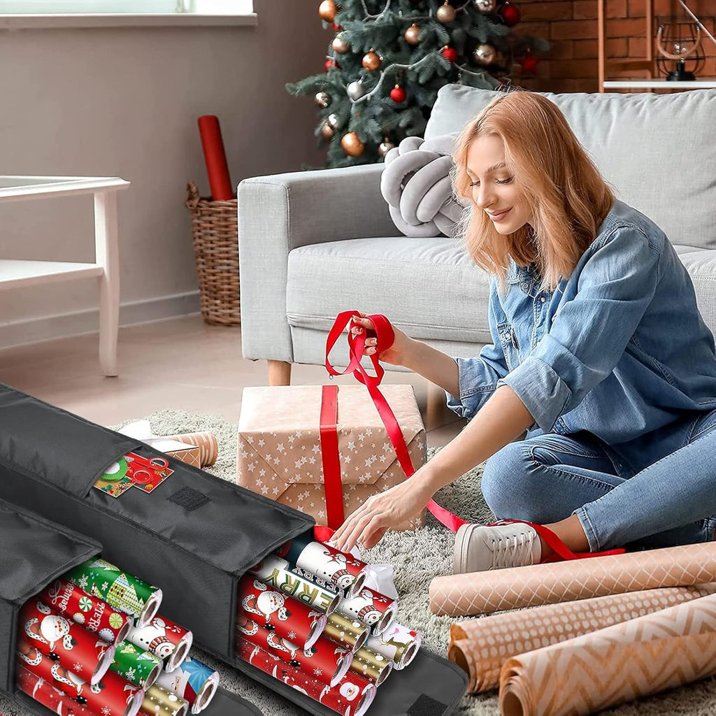 2 Christmas Wrapping Paper Storage Bag- Durable Fabric Wrapping Paper Roll Gift Wrap Storage Bag Box for Rolls,79X14X14Cm