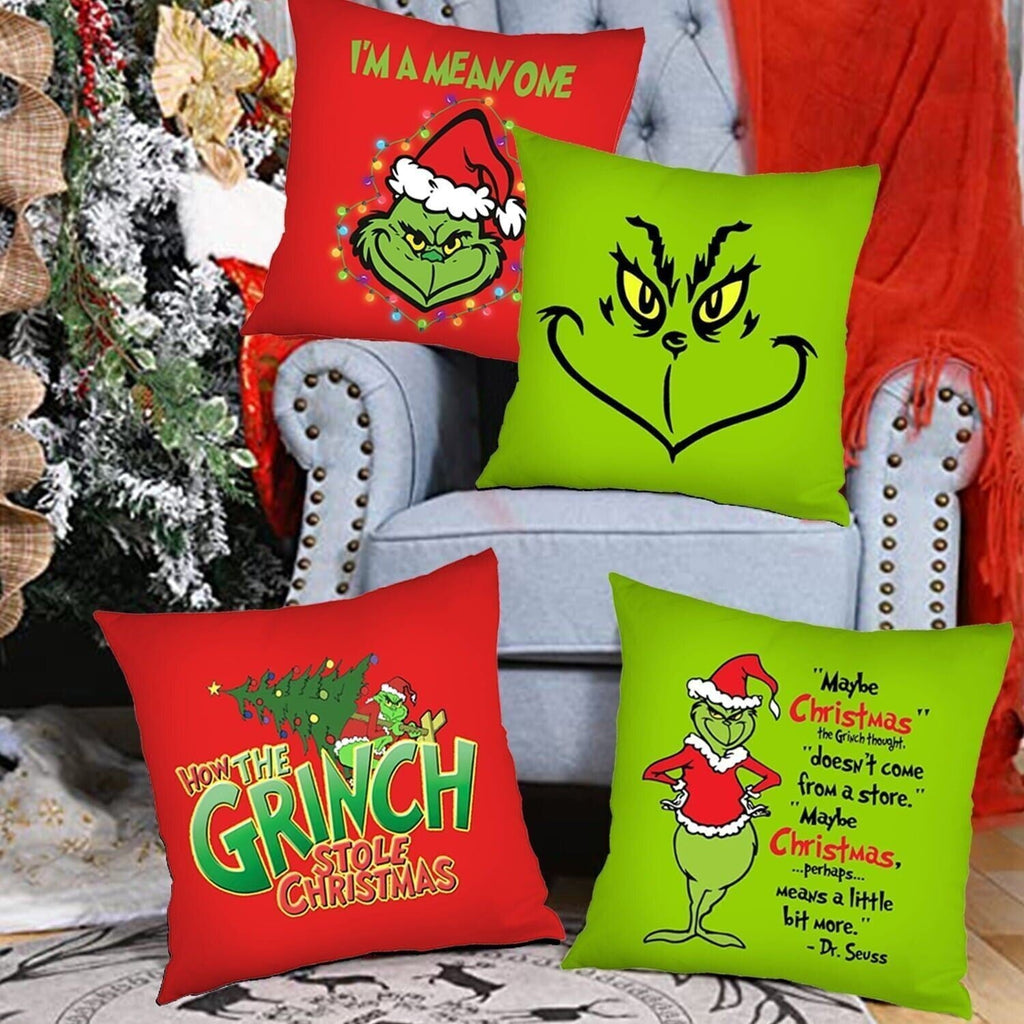 4Pcs Christmas Grinch Cushion Cover Pillow Case Xmas Sofa Pillowcase Decor~