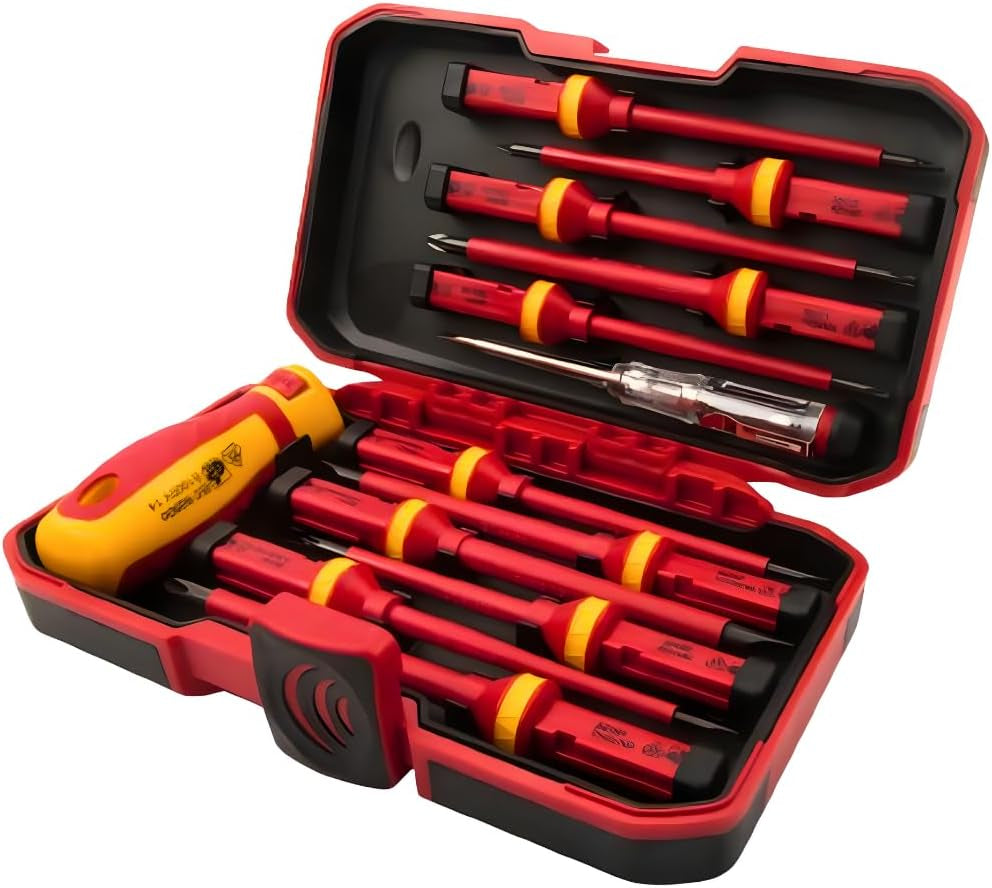 13Pcs VDE Insulated Electricians Screwdriver Set with Rubber Handle in Hard Case | Interchangeable | Magnetic Tips | 1000V | Ideal for Electrical, Home and DIY Projects