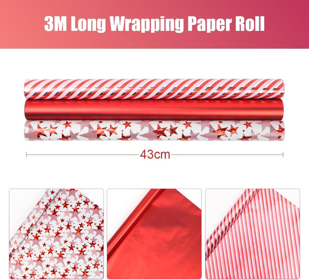 Red Metallic Wrapping Paper Rolls, 3 Rolls 43Cm X 3M, Red Gift Wrap Paper Roll with Star Stripe Pattern for Christmas, Birthday, Wedding
