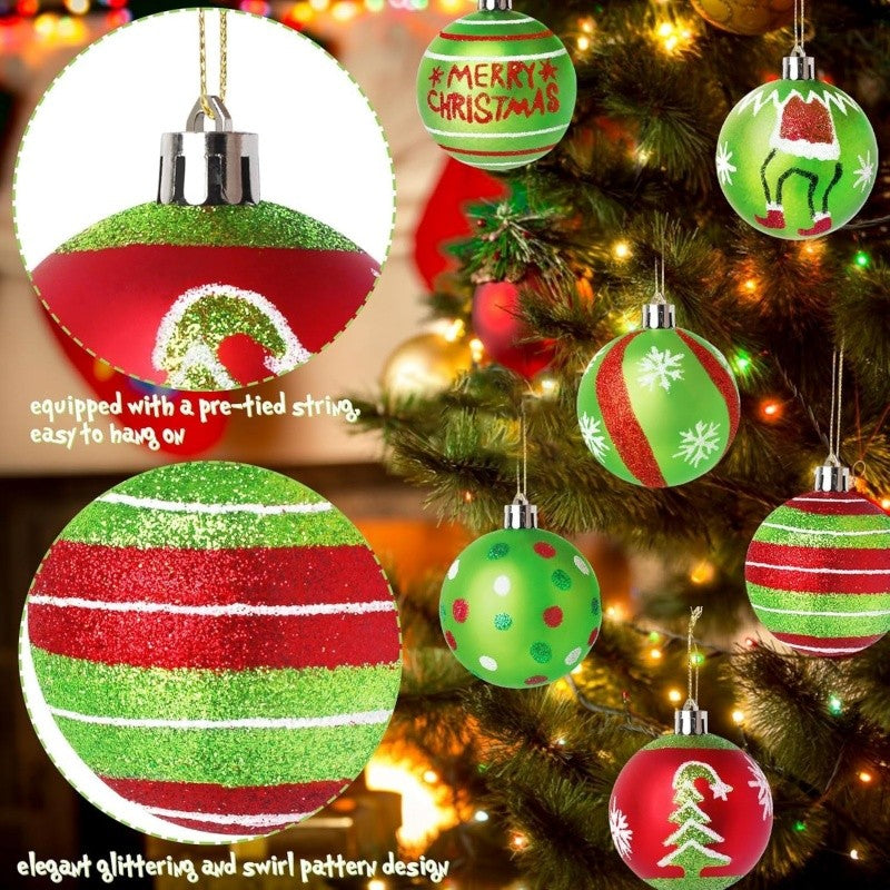 12Pcs Christmas Ball Ornaments for Tree, Grinch Red and Green Glittering