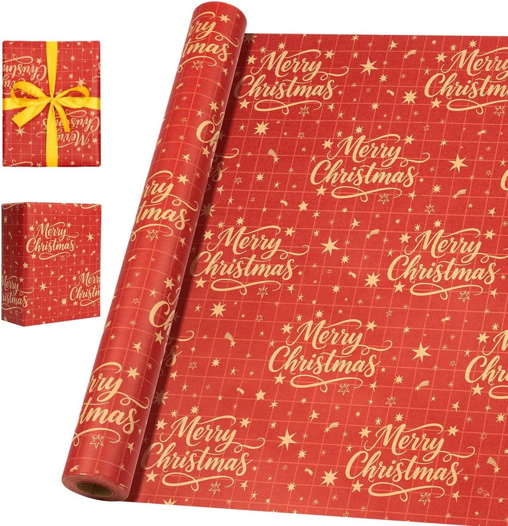 15M Red Gift Wrapping Paper Roll, 43Cm Recyclable Kraft Paper Print with "Merry Christmas" and Star for Christmas, Birthday, Baby Shower, Party Gift Decoration