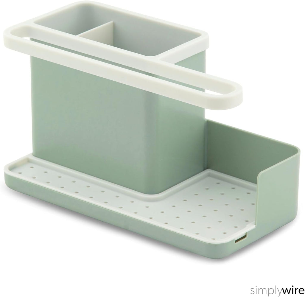 – Sink Tidy/Caddy – Kitchen Sink Organiser – Removable Drip Tray – Non-Slip - Sage Green & White