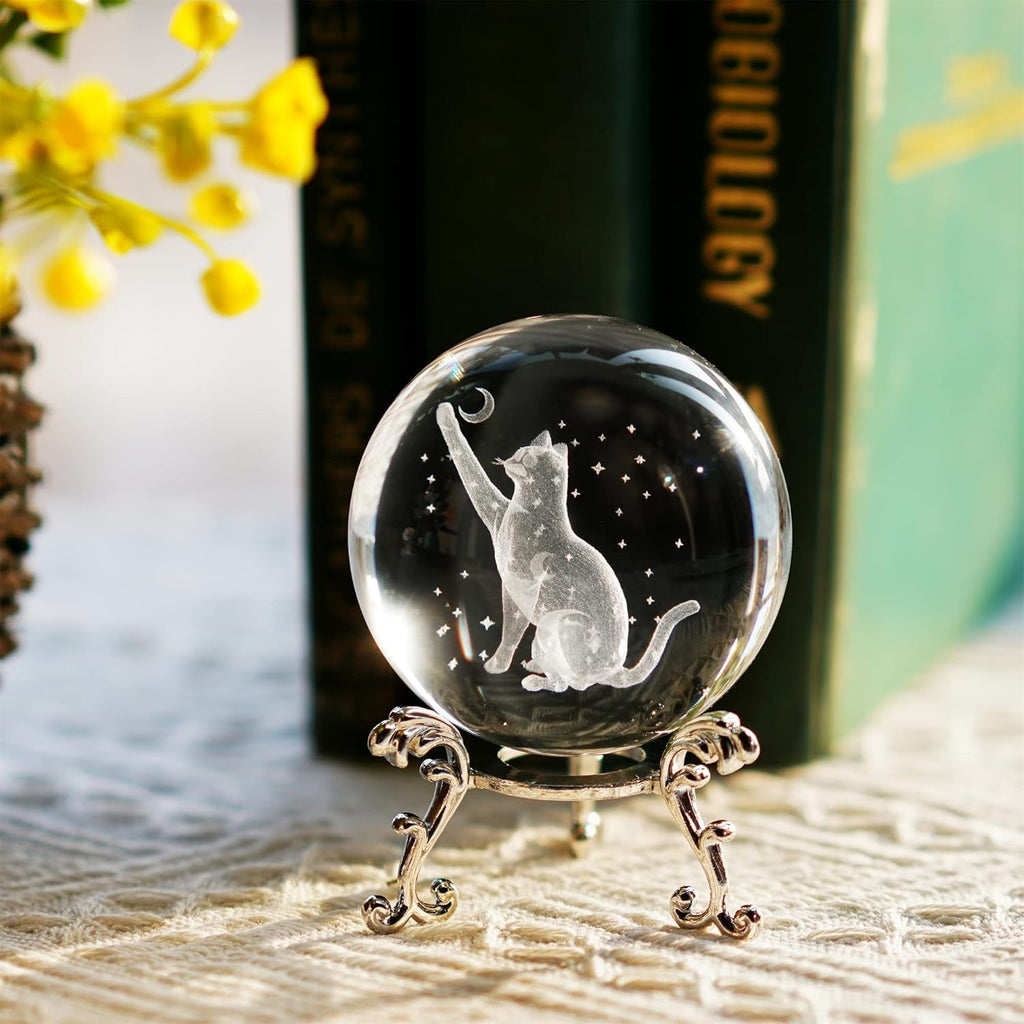 60Mm 3D Cat Crystal Ball Figurine Glass Laser Engraved Cat Moon Star Crystal Ball with Stand Glass Sphere Paperweights Cat Gifts for Cat Lovers Women