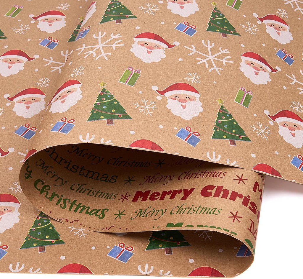 43Cm×10M Double-Sided Gift Wrapping Paper Roll, Recyclable Kraft Christmas Wrapping Paper Print with Santa Claus for Christmas Birthday Party Gift Decoration