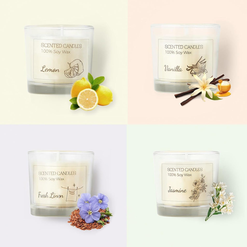 Scented Candles Gifts for Women, Votive Candles Set of Fresh Linen, Vanilla, Jasmine, and Lemon, Soy Wax Candle Gift Set for Birthdays, Weddings, Christmas