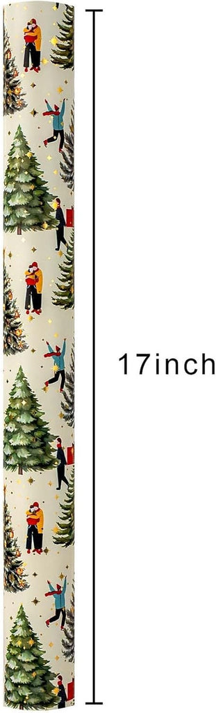 Christmas Wrapping Paper, 43Cm X 10M Christmas Tree and Lovers Gift Wrap Roll for Holiday, Winter, Party Celebration, DIY Crafts