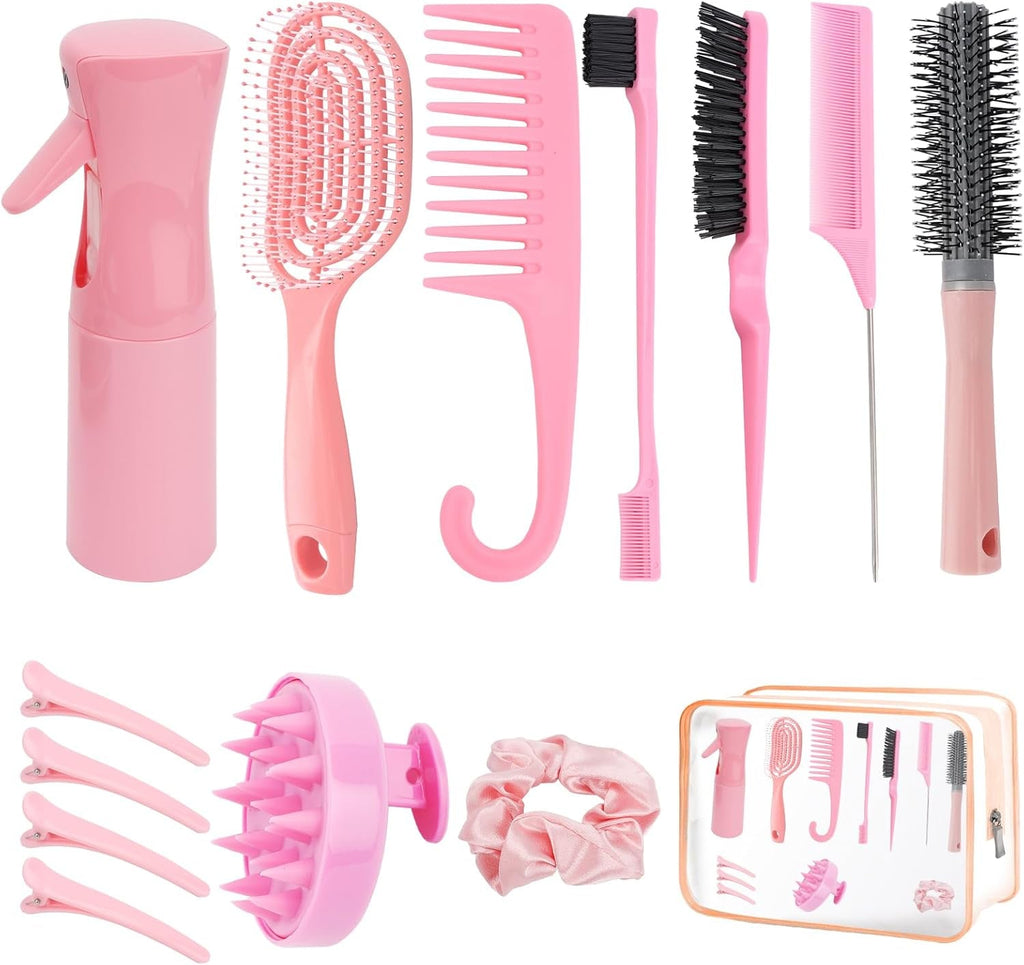 Hair Brush Set,14 Pcs Hair Brushes Hairdressing Tools,Includes Transparent Cosmetic Bag,Spray Bottle,Edges Brush,Curly Hair Brush,Round Brush,Scalp Brush and Hair Clips,Hair Care Styling Tools